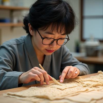 佐藤恵子が古びた漁網の修復作業に集中する姿