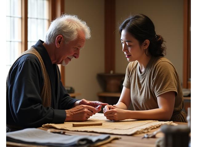 年配の職人が若い観光客に、織物技術の歴史や文化について熱心に説明している様子。