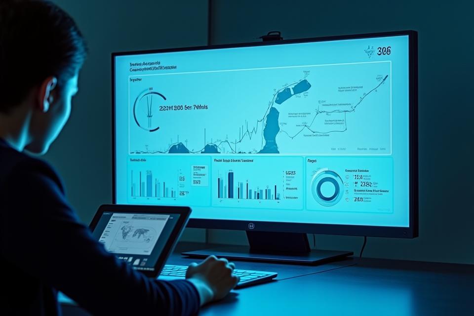 デジタルダッシュボードに表示された、グラフで視覚化された炭素排出量のデータと削減目標