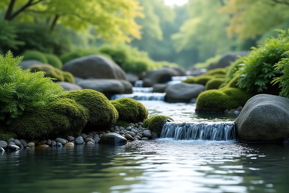 日本の伝統的な庭園にある池のような自然な水処理システムで、澄んだ水が循環している様子