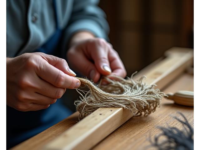 熟練の職人が手作業で漁網を編む様子