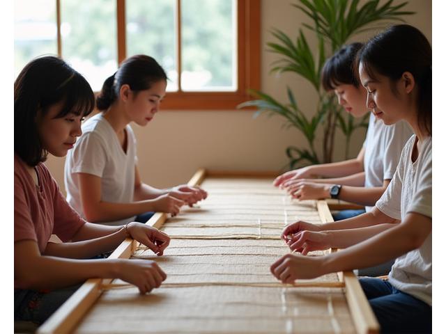 楽しそうに機を織るワークショップ参加者