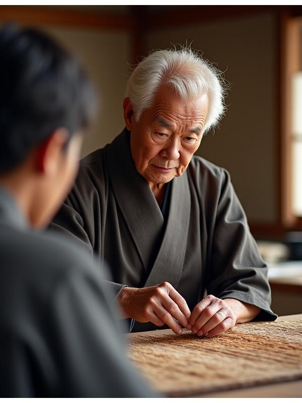 白髪のベテラン職人が真剣な表情で若い参加者に織り方を実演している