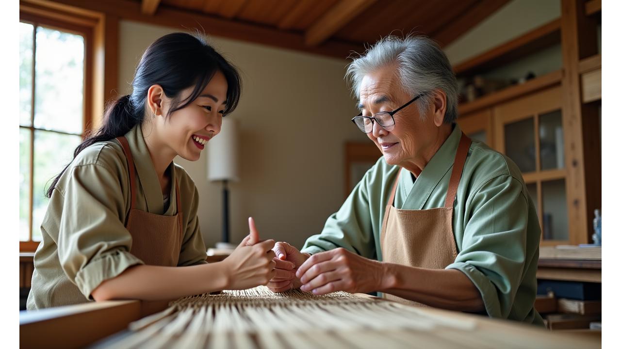 ワークショップで織り機を操作する笑顔の参加者。職人が優しく指導している